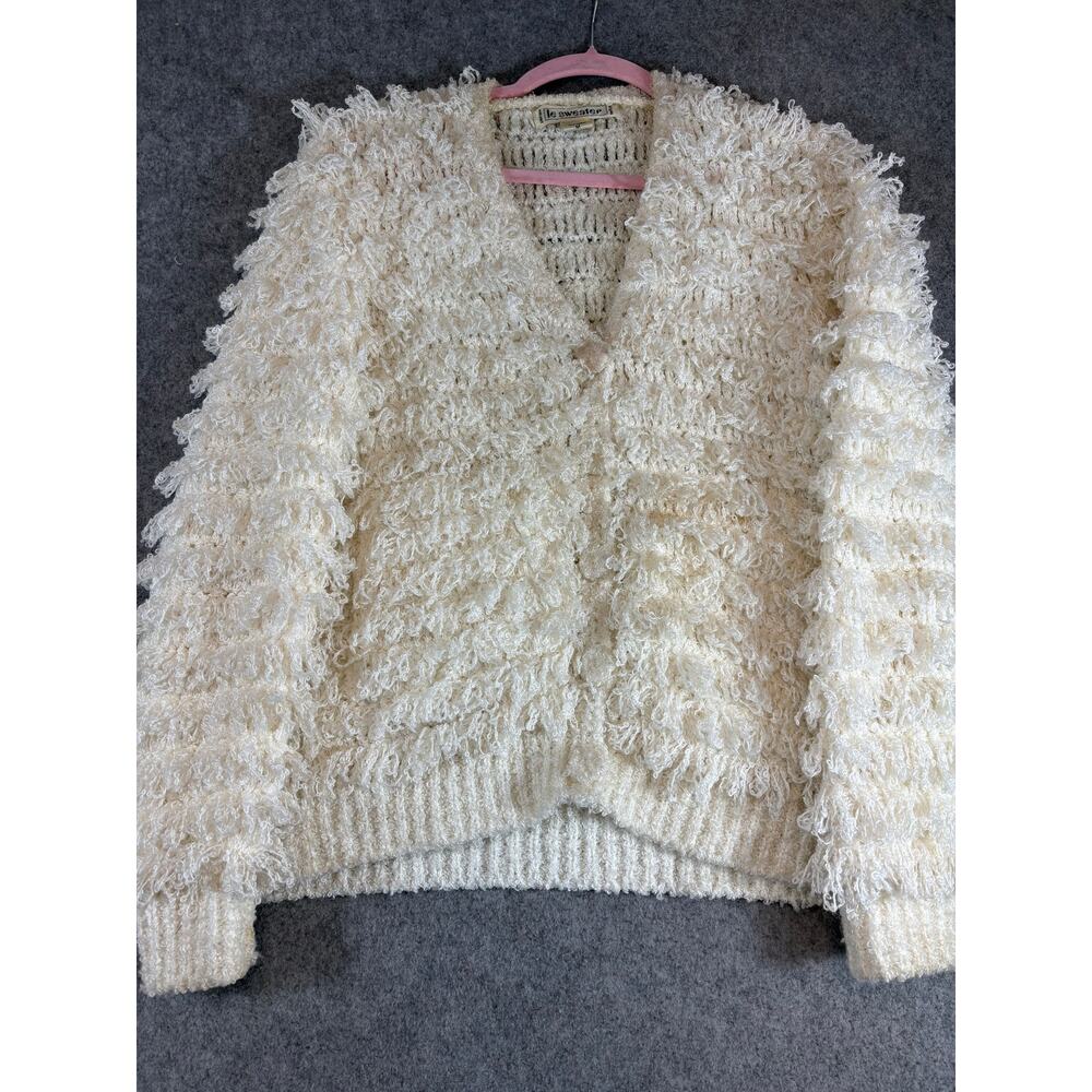 Vintage 90s Le Sweater Frilly Shaggy Chunky Knit Loop Cardigan Womens M Cream